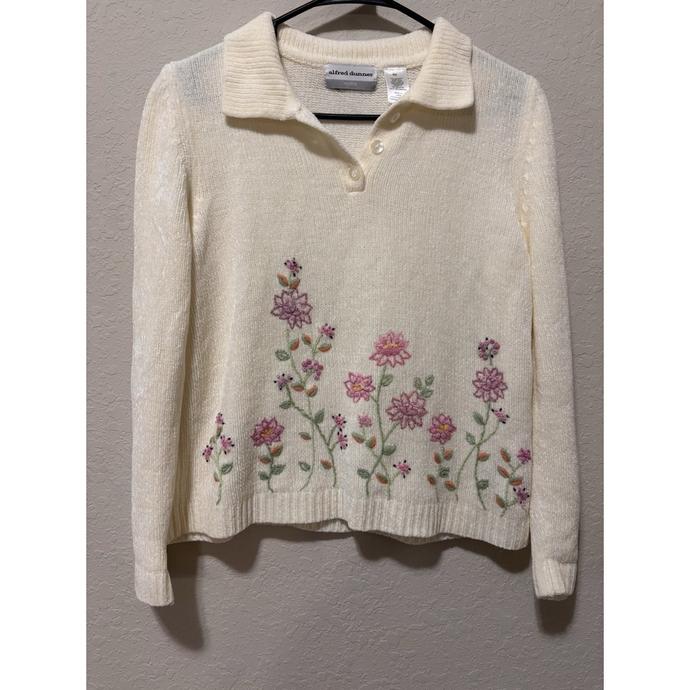 Alfred Dunner PS Cream Floral Embroidered Chenille Sweater Cottagecore Polo
